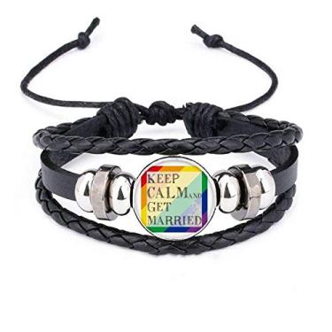 Imagem de DIYthinker Pulseira de couro trançado com bandeira de arco-íris da LGBT Get Married
