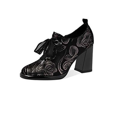 Imagem de TinaCus Sapato feminino feito à mão de camurça, com bico redondo, cadarço e zíper lateral, salto alto e grosso, Cor da arma, 10.5