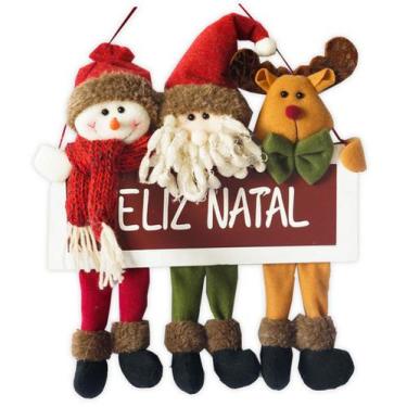 Imagem de Placa Feliz Natal Madeira Papai Noel, Boneco De Neve E Rena Pelúcia Pr