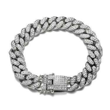 Imagem de Pulseira Masculina Cravejada Cuban Prateada Grumet Aço Inox