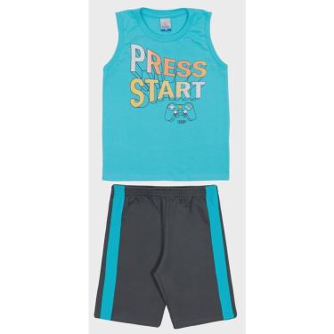 Imagem de Conjunto curto infantil camiseta regata azul turquesa estampada e shorts em moletinho preto com faixa lateral azul turquesa