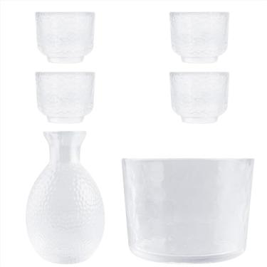 Imagem de SHIDOW Conjunto de saquê de vidro para presentes japoneses 6 peças, conjunto tradicional de copos de saquê japonês, 4 copos Ochoko + 1 garrafa Tokkuri 1 tigela de aquecimento.