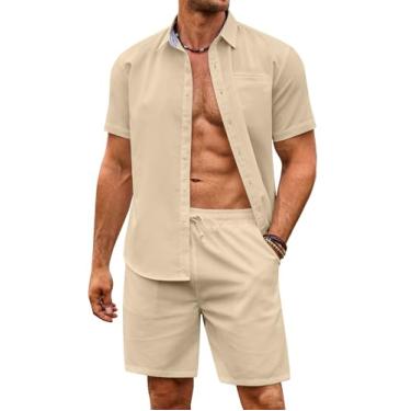Imagem de COOFANDY Conjunto masculino de 2 peças de linho de manga curta, roupa de praia casual, camisa de botão e conjuntos curtos com bolsos, Cáqui claro, GG