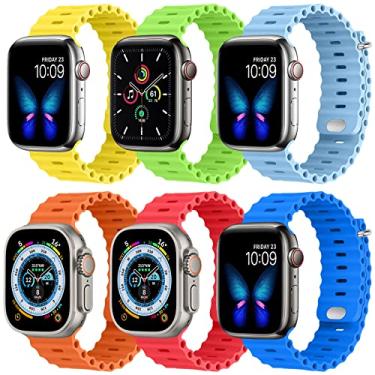 Imagem de Pacote com 6 pulseiras Ocean compatíveis com Apple Watch 49 mm, 45 mm, 44 mm, 42 mm, 41 mm, 40 mm, 38 mm, pulseira de silicone macio e elástico para iWatch Ultra SE Series 8 7 6 5 4 3 2 1 para mulheres e homens e crianças