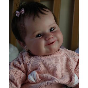 Imagem de QIYANER Bebe reborn realista,50CM bebe reborn menina silicone solida com genitais,Rosa Abra os olhos e sorria bebe reborn de silicone mole realista acompanha mamadeira, chupeta,Silicone
