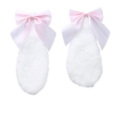 Imagem de KKmeter 1 par de grampos de cabelo com orelhas de pelúcia fofas de coelho para meninas com laço e orelhas de copo, acessório de cabelo para cosplay de Halloween (rosa)