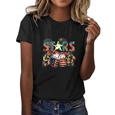 Imagem de Camiseta feminina patriótica Star Stripes Beer 4th of July com bandeira americana de manga curta gola redonda linda camiseta de festival, Preto, G