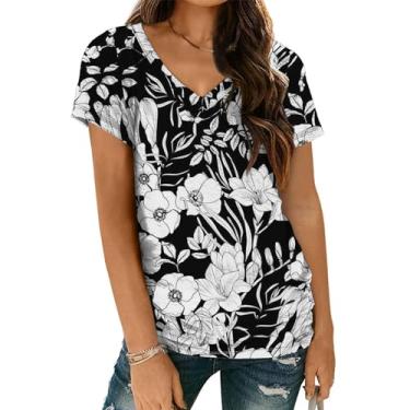 Imagem de Camisetas femininas casuais florais com estampa floral vintage, manga curta, gola V, túnica boho de verão, #03 - Branco, XXG