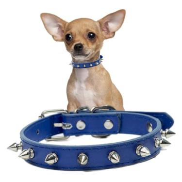 Imagem de Coleira para cães pequenos, rebite de cogumelos macio de couro PU com spikes ajustável para gatos de raças minúsculas, xícara de chá de cachorro, azul, P