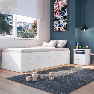 Imagem de Cama Solteiro com Gavetas e Mesa De Cabeceira Branco Tokio Art In Móveis