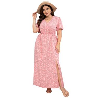 Imagem de KOJOOIN Vestido longo feminino plus size com mangas esvoaçantes, cintura império, fenda lateral, evasê, vestido casual, Flor rosa, 3G