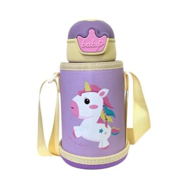 Imagem de Garrafa Térmica Infantil com Bolsa e Alça 480ml em Inox Resistente Cor Lilás Estampa de Unicórnio