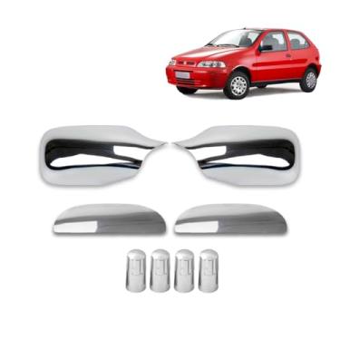 Imagem de Kit Apliques Cromados Maçanetas laterais + Aplique de retrovisores lados direito e esquerdo + Tampa de válvula de pneu cromado Palio G2 2000 2001 2002 2003 2004 2005 2006-2 Portas