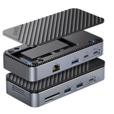 Imagem de ORICO Hub USB C 9 em 1 com gabinete SSD M.2 NVMe de 10 Gbps, adaptador de estação de ancoragem sem ferramentas com ventilador embutido, Gigabit Ethernet, PD de 100 W, SD/TF, tipo C e USB A para laptop
