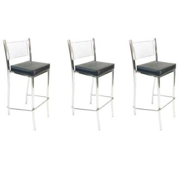 Imagem de Kit 3 Banquetas Empilhável Cozinha Cromada Alta Assento Preto - Poltro