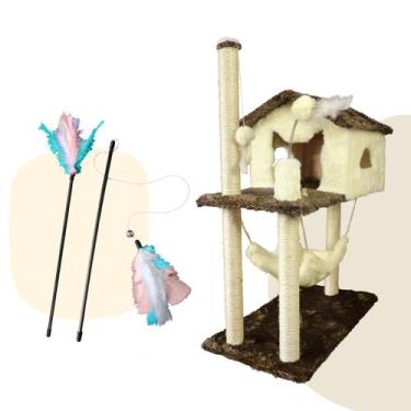 Imagem de Kit Arranhador Casa Com Rede Para Gato 2 Andares Varinhas Interativas 