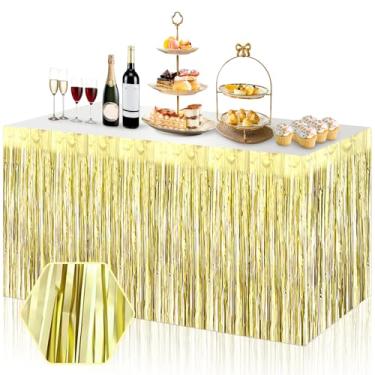 Imagem de Pacote com 3 saias de mesa com franja dourada clara de 74 x 272 cm, faixa metálica para decoração de festa de Halloween