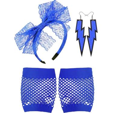 Imagem de Blulu Brincos de renda dos anos 80, luvas arrastão sem dedos para festa dos anos 80, Azul, 4 Piece Set