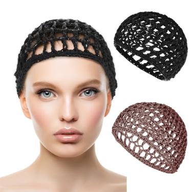 Imagem de 2 peças de rede elástica para dormir, malha respirável, touca de crochê, bandana de malha elástica, antifrizz, absorção de pressão, cabelo liso (marrom/preto)
