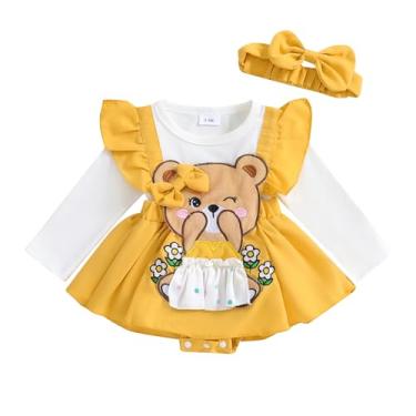 Imagem de JLKGICF Macacão para bebês meninas, Dia das Bruxas, Dia das Bruxas, Natal, estampa floral, macaquinho, saia, vestido de inverno, Urso fofo amarelo, 12-18 Months
