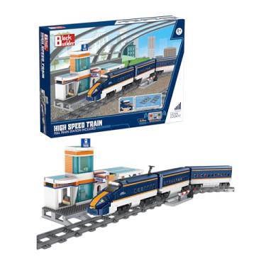 Imagem de Block Builder High Speed Rail Remote Control Building Block Set with Full Train Station (1532 Pieces). Railroad Series Building Blocks for Kids and Adults. Motor and Remote Control Included