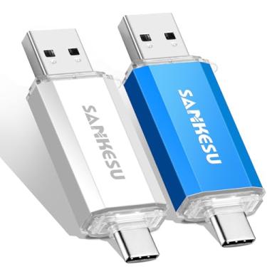 Imagem de Pen drive USB C 3.0, USB-A e Tipo-C OTG Thumb Stick, dois cartões de memória compatíveis com PC/laptop/celular tipo C e tablet (prata/azul, 128 GB)