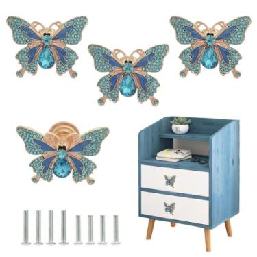 Imagem de Sutfmwe Puxadores de armário de borboleta, puxadores de gaveta de borboleta, puxador de cômoda azul, puxadores exclusivos de strass, puxadores de porta decorativos de móveis com tema natural, 4 peças
