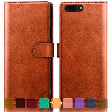 Imagem de DJBull Capa carteira para iPhone 7 Plus/8 Plus com suporte para cartão de crédito, [bloqueio RFID] Capa de telefone de couro PU à prova de choque feminina masculina para Apple 8 Plus capa marrom claro
