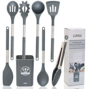 Imagem de LUMAI Kit 8 Utensílios de Cozinha Grandes em Silicone e Aço Inox, Resistentes ao Calor, Antiderrapantes e Antirriscos, Acessórios de Cozinha Inclui Espátula, Colher, Pegador de Massa, Concha – Cinza