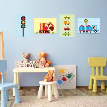 Imagem de Kit Placa Decorativa MDF Infantil Carros na Cidade 4un 30x40 - Quartin
