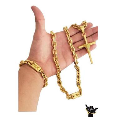 Imagem de Corrente Cadeado 12mm + Pulseira + Pingente - Banhado a Ouro - ToJoia1