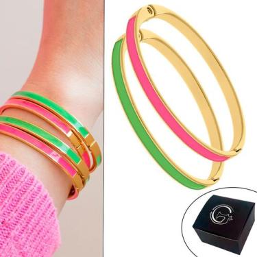 Imagem de Kit 02 Braceletes Slim com Resina Verde e Rosa 68mm Banhado a Ouro - G