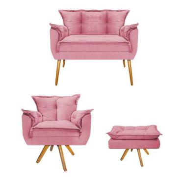 Imagem de Kit Namoradeira, Poltrona e Puff Opala Base Giratória de Madeira Suede