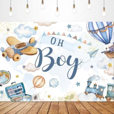 Imagem de Glawry Oh Boy Pano de fundo para chá de bebê para fotografia 19 x 13 cm A aventura começa viagem mapa do mundo avião balão de ar quente trem bonito desenhos animados decorações de festa sessão de