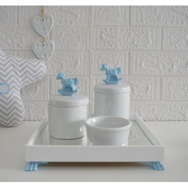Imagem de Kit Higiene K049 Bandeja MDF Porcelanas Apliques Azul Quarto Bebê - Ci