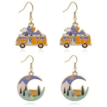 Imagem de MIGUO STORE Brincos personalizados com desenho animado lua casa ônibus montanha pico paisagem moda criativa liga lua carro casa brincos joias presentes para mulheres, Metal