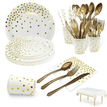 Imagem de KIQIONE Conjunto de Pratos de Papel e Guardanapos, Prato Descartável de 7/9", Branco e Dourado, Suprimentos para Festas, Incluindo Guardanapo, Toalha de Mesa, Copo, Garfos, Facas, (, Branco E Dourado)