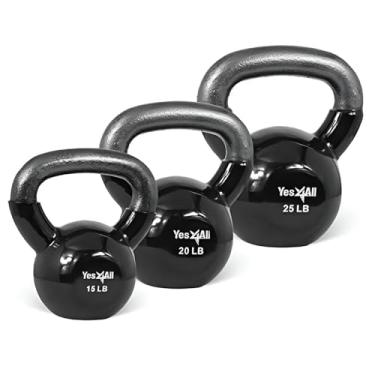 Imagem de Yes4All Combo especial: Conjuntos de peso Kettlebell revestidos de vinil – Peso disponível: 5, 10, 15, 20, 25, 13,6 kg (P - Preto 6,8-11,3 kg)