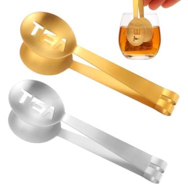 Imagem de 2 espremedores de saquinhos de chá, colheres de chá de aço inoxidável para espremedores de saquinhos de chá redondos, pinças para saquinhos de chá, coador para bebedores de chá (ouro e prata)