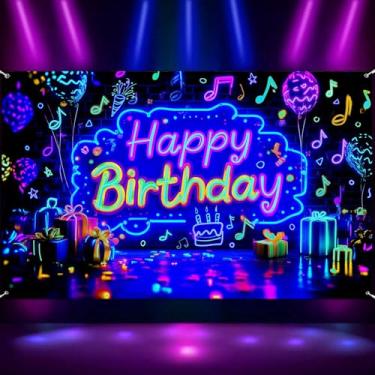 Imagem de Banner de fundo neon para festa de feliz aniversário, luz negra que brilha no escuro, faixa grande para decoração de festa, decoração de fundo de pôster com placa UV reativa para ambientes internos e