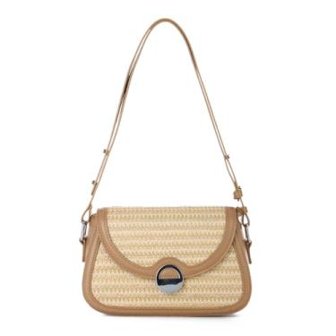 Imagem de Freie Liebe Bolsa feminina de praia de palha Boho de tecido transversal, bolsas de ombro de palha com costura de couro para férias de verão, Caqui