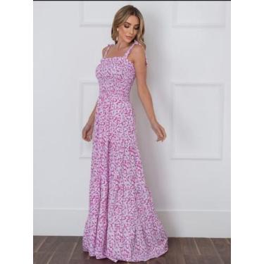 Imagem de Vestido longo feminino Lastex Floral Azul , Lavanda,Pink, verde, P, M,