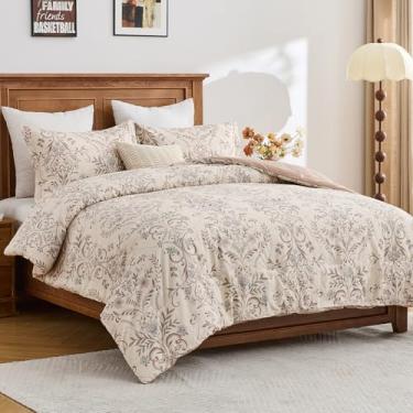 Imagem de FineStichery Conjunto de edredom floral Queen Size – Conjunto de cama fofo de luxo 100% algodão bambu, edredom vintage damasco paisley, 3 peças, reversível, leve, macio, acolchoado, marrom/bege/azul
