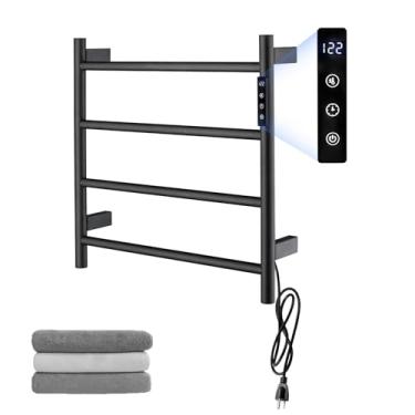 Imagem de Toalheiros aquecidos, 4 barras de toalheiro para banheiro, aquecedor de toalhas elétrico montado na parede com temporizador, toalheiro plug-in e com fio, preto fosco
