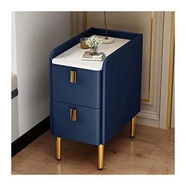 Imagem de Mesa de cabeceira, mesa de cabeceira estreita de couro PU, mesa de cabeceira com 2 gavetas e pernas de aço inoxidável, móveis de armazenamento de quarto, azul escuro, moldura de cabeceira de 40 cm de