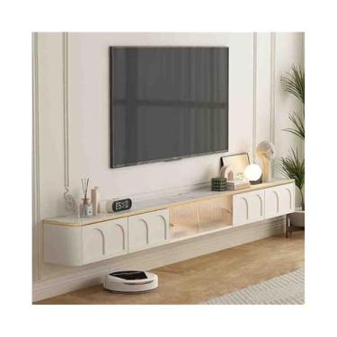 Imagem de Armário de TV Centro de entretenimento flutuante moderno com porta e gavetas de vidro deslizantes, armário de armazenamento de suporte de TV flutuante montado na parede com luz LED para TVs inferiores