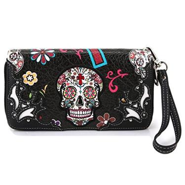 Imagem de Carteira clutch com cruz ocidental Sugar Skull Day of the Dead Bolsa de pulso Calavera, Preto, One Size