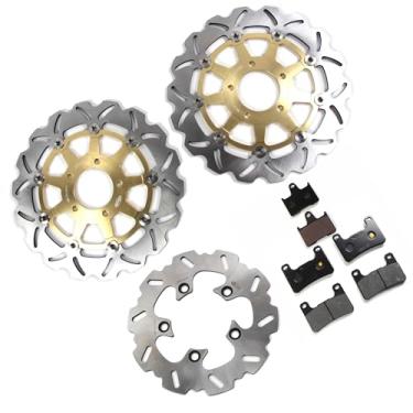 Imagem de Discos e pastilhas de disco de freio dianteiros e traseiros flutuantes compatíveis com Suzuki GSXR 600 750 2004-2005, GSXR 1000 2003-2004, acessórios de substituição de motocicleta dourados