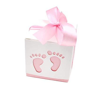 Imagem de 50 peças lindas pegadas de bebês recém-nascidos caixas de doces com fita caixa de doces para chá de bebê, decoração de mesa de festa, lembrancinha de presente de festa de aniversário (rosa)