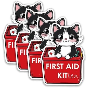 Imagem de Adesivos de primeiros socorros Charming Kitty (pacote com 4), 10 cm – Adesivo forte, de longa duração, à prova d'água – Ideal para caixas de primeiros socorros, kits de emergência, suprimentos médicos